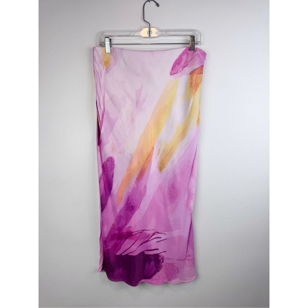 Anthropologie L The Elyse Midi Slip Skirt Pink watercolor Bias Cut